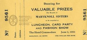 Long Island Maryknoll Committee Fashion Show Door Prize Ticket, 1951