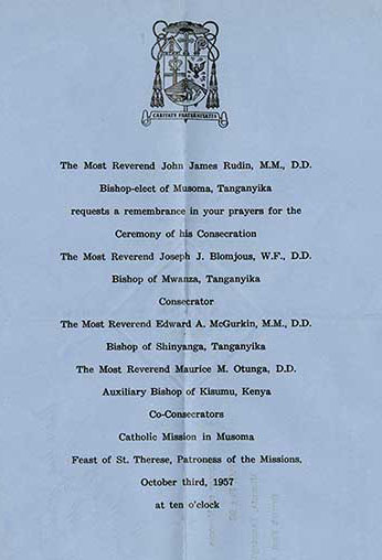 Invitation to Bishop John J. Rudin's Consecration, October 3, 1957
