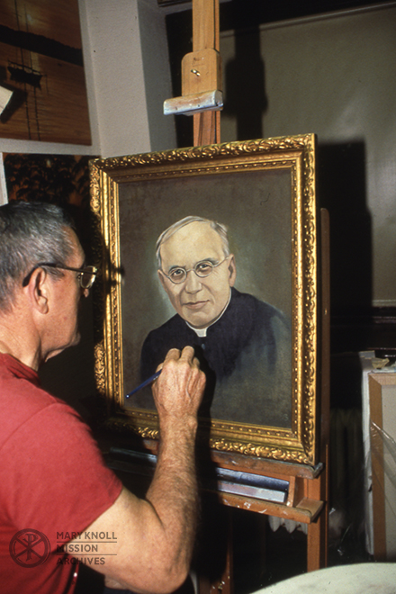 Brother Carleton Bourgoin painting a portrait of Fr. Price