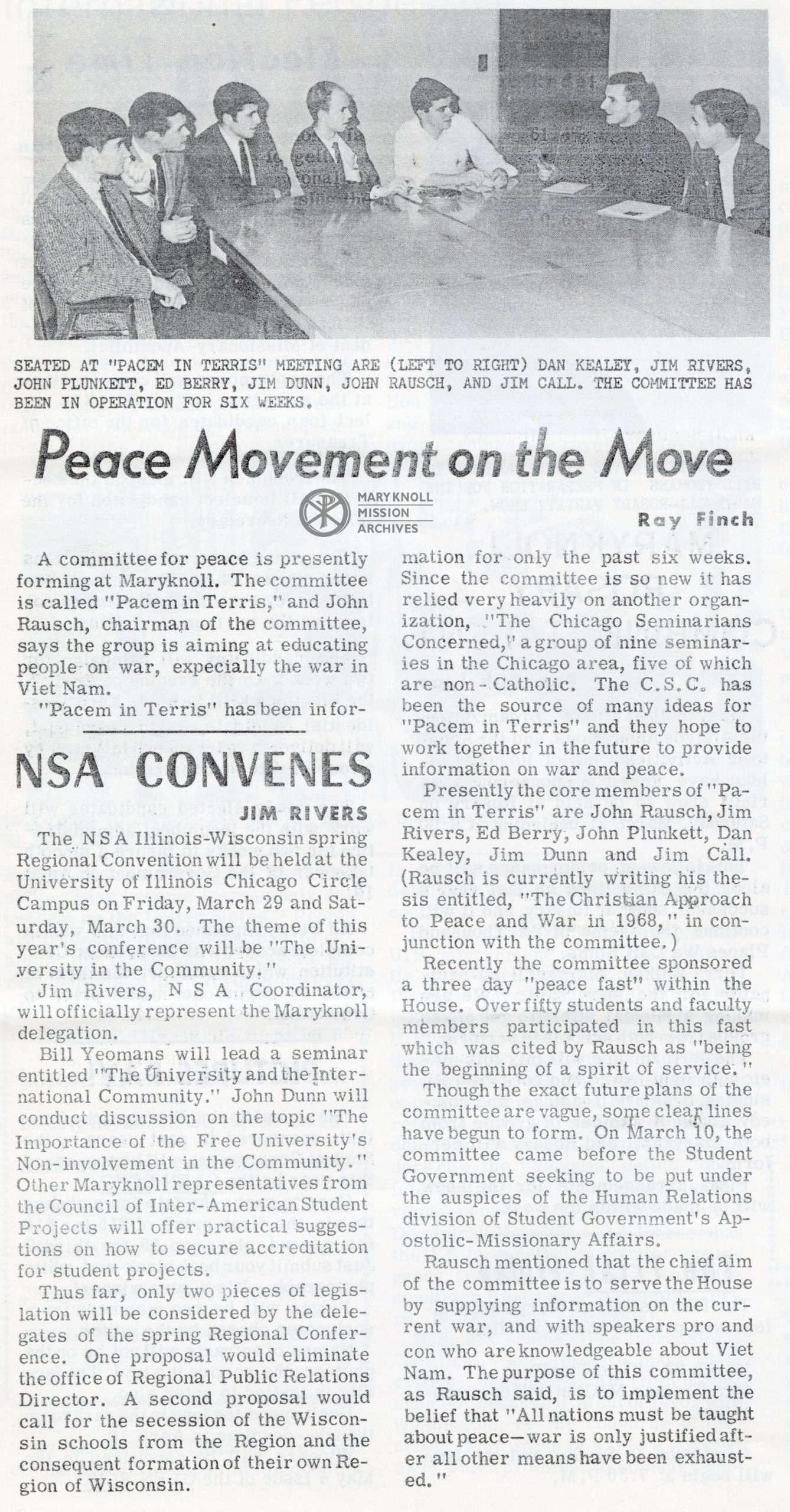 Sem. Ray Finch's Article on Peace Movement, "The Glen Echo" vo. 1 no. 8 pg. 6