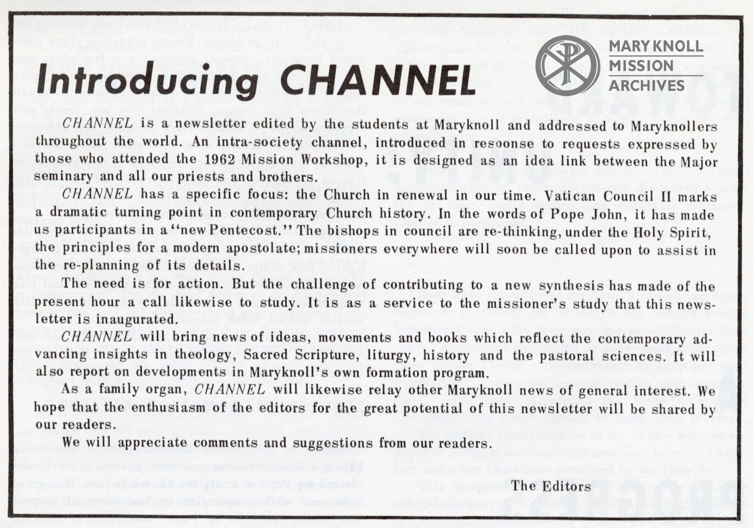 Introduction for the Channel Newsletter from the first volume, 1963