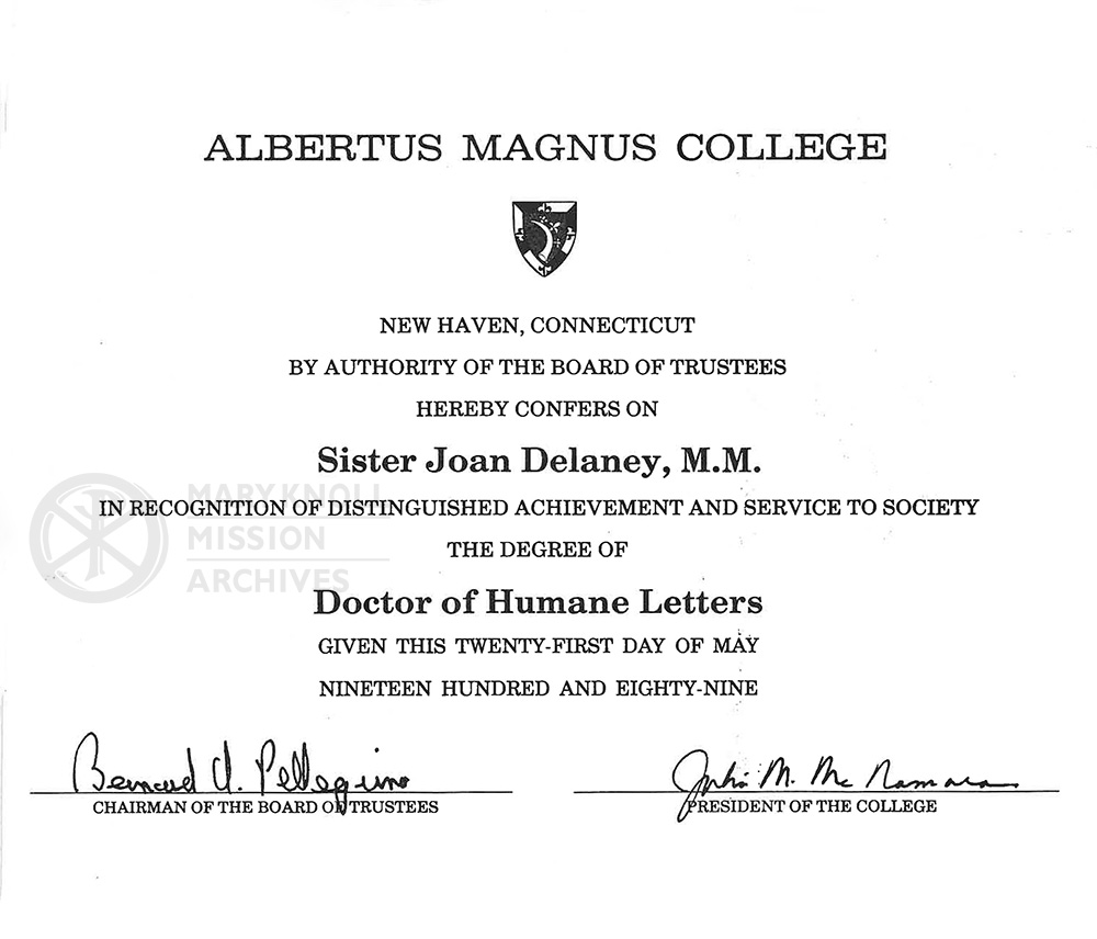 Honorary degree of Doctor of Humane Letters given to Sr. Joan Delaney by Albertus Magnus College, 1989