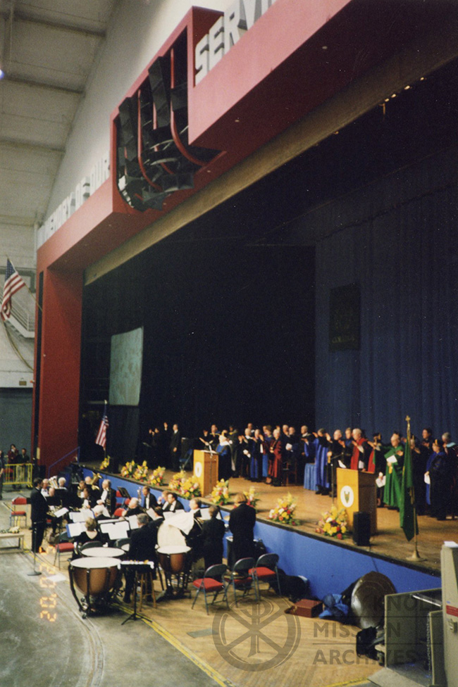 Sr. Madeline Dorsey giving the Final Blessing at Le Moyne College's Commencement, 2002