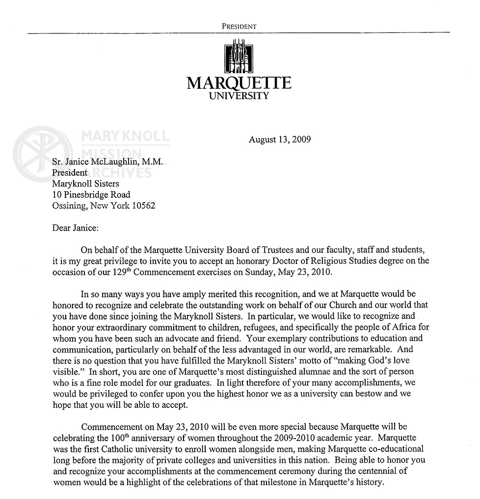 Letter inviting Sr. Janice McLaughlin to accept an honorary Doctor of Religious Studies degree from Marquette University in 2010