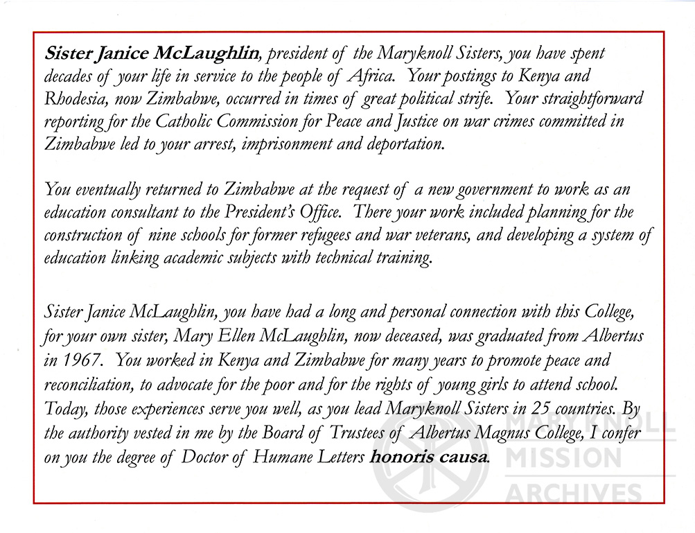 Words spoken as Sr. Janice McLaughlin's honorary degree from Albertus Magnus College was conferred, 2014
