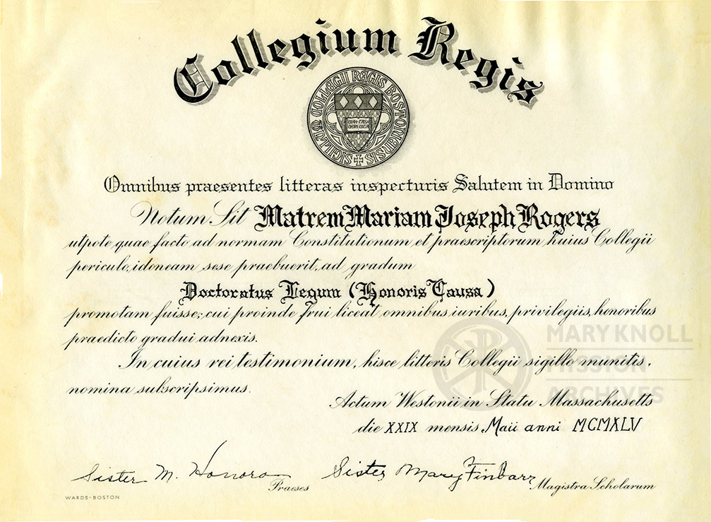 Honorary degree of Doctor of Laws given to Mother Mary Joseph Rogers by Regis College, 1945