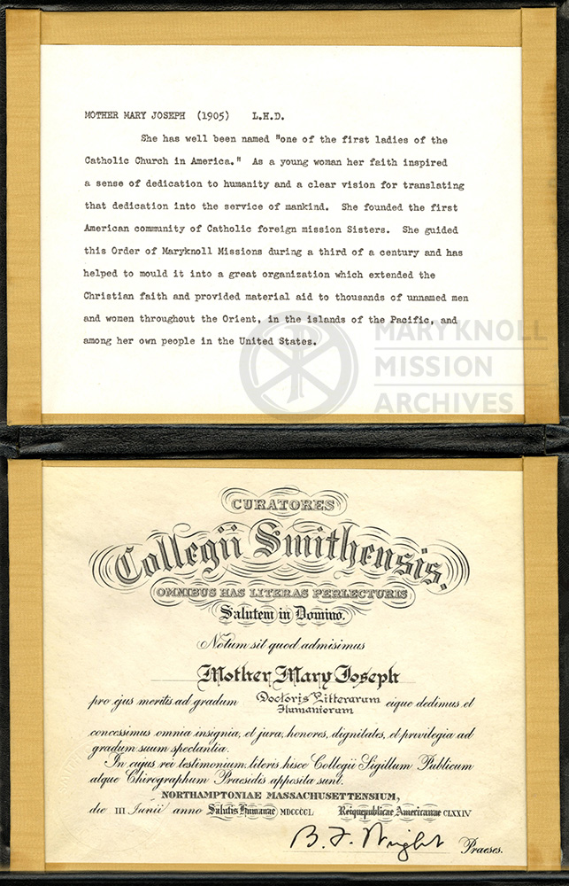 Honorary degree of Doctor of Humane Letters given to Mother Mary Joseph Rogers by Smith College, along with the words spoken as she was conferred, 1950
