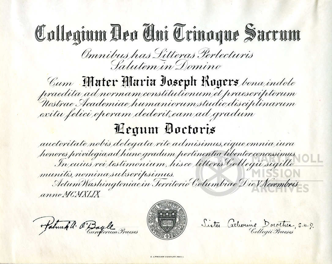 Honorary degree of Doctor of Laws given to Mother Mary Joseph Rogers by Trinity College, 1949