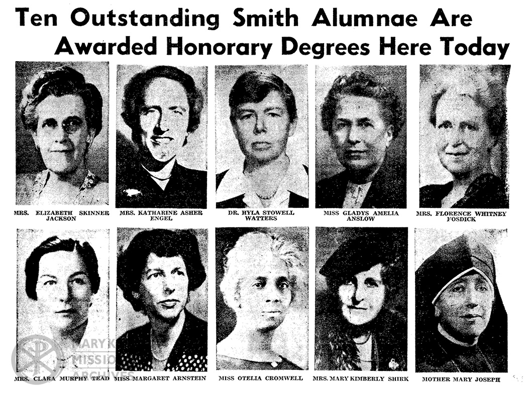 Article from the Daily Hampshire Gazette highlighting the Ten Outstanding Women receiving honorary degrees from Smith College, 1950