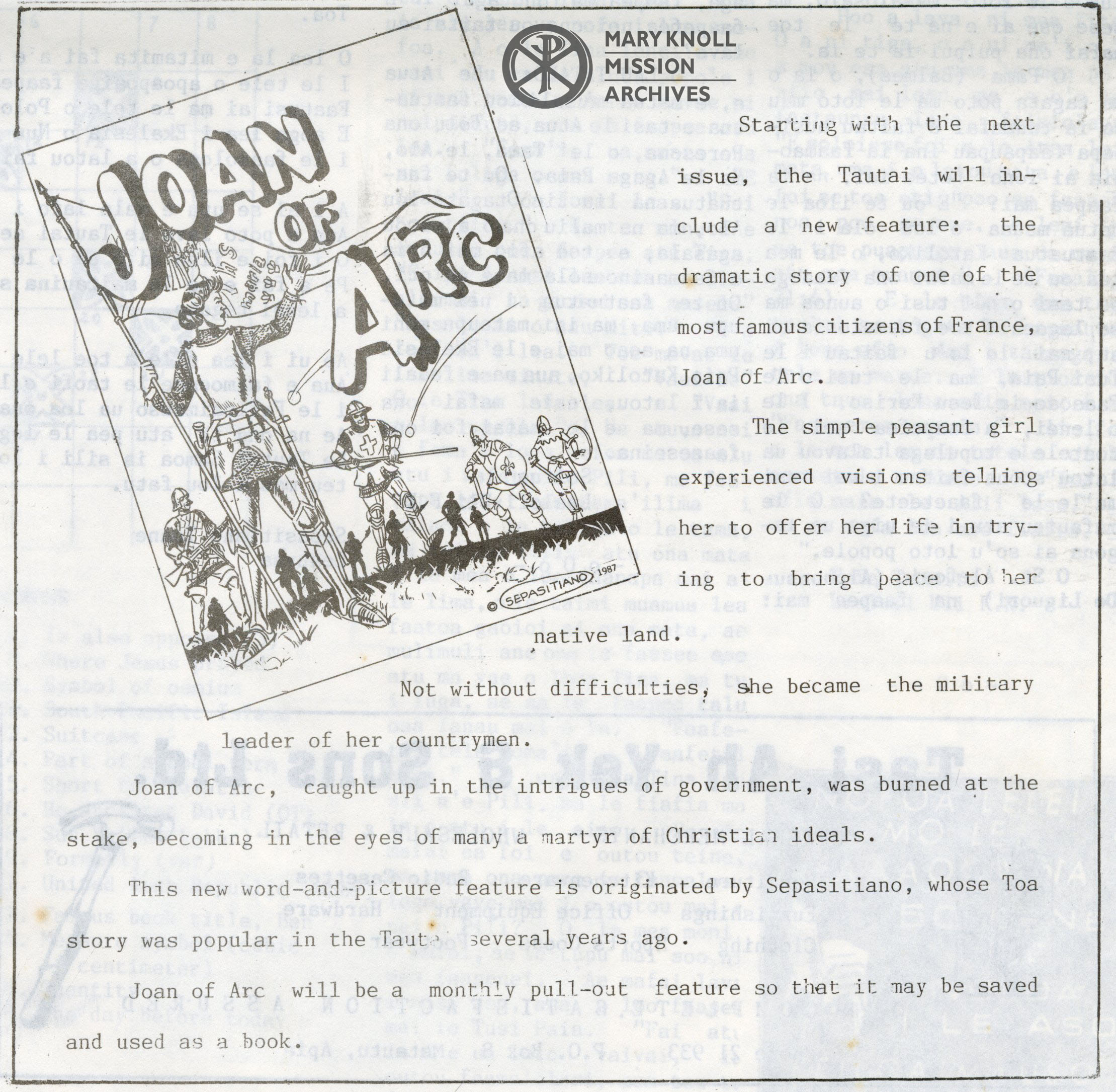 Joan of Arc Biography Advertisement, Tautai Newspaper, Vol. 14 no. 9, 1987