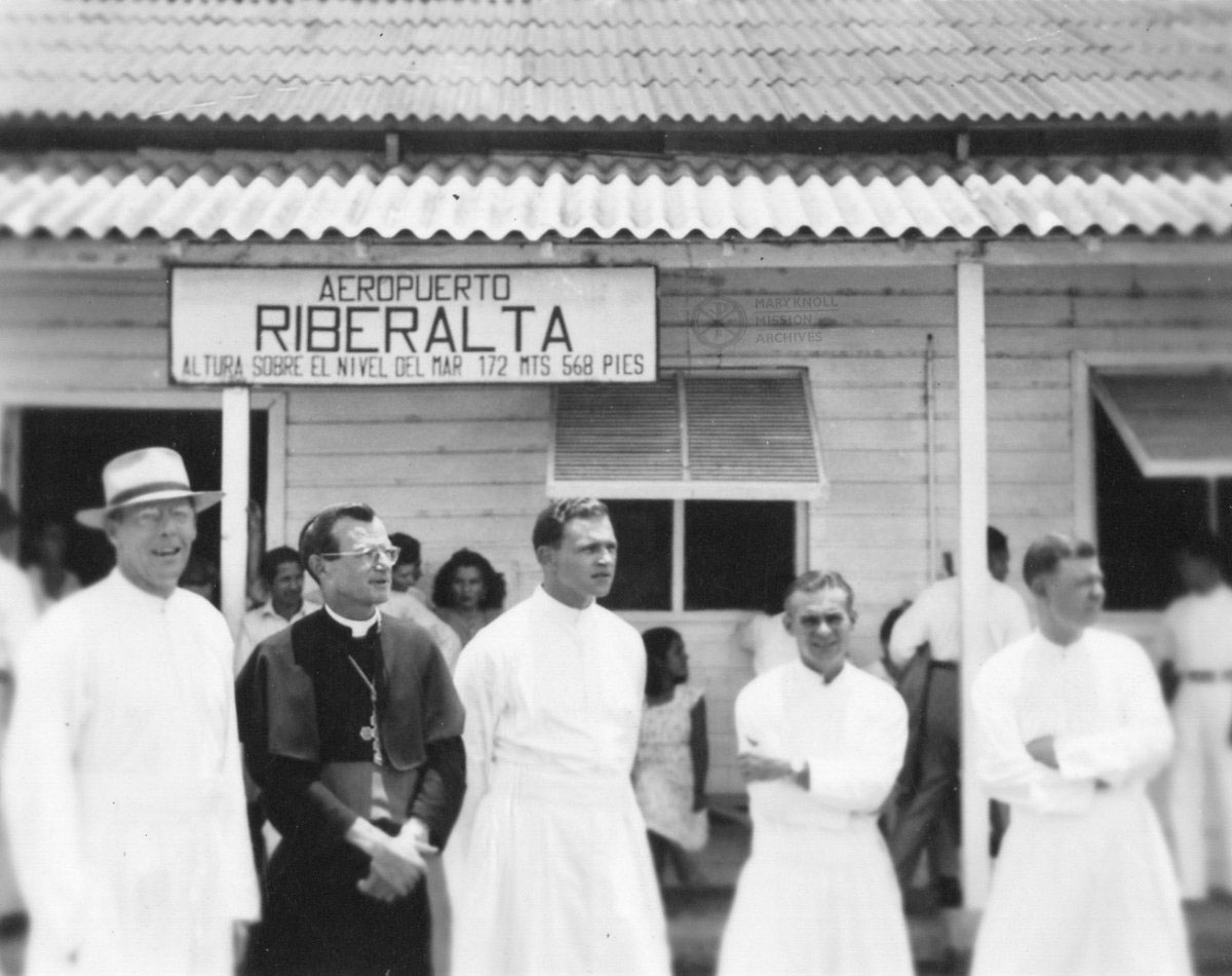 (Left to right) Fr. John B. Gallagher, Bp. Thomas Danehy, Fr. Michael Rick, Bro. Gonzaga Chilutti, and Fr. Bernard Garrity at the Riberalta Airport.