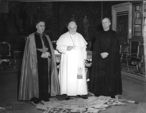 (left to right) Fr. John J. Considine, Pope John XXIII, and Abp. Antonio Samorè stand in the Pope's Study, 1961.