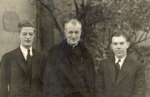 (left to right) Bro. Thaddeus Revers, Fr. Patrick J. Byrne, and Fr. Clement Boesflug pose for a photo while missioned in Japan, Christmas Day 1938.