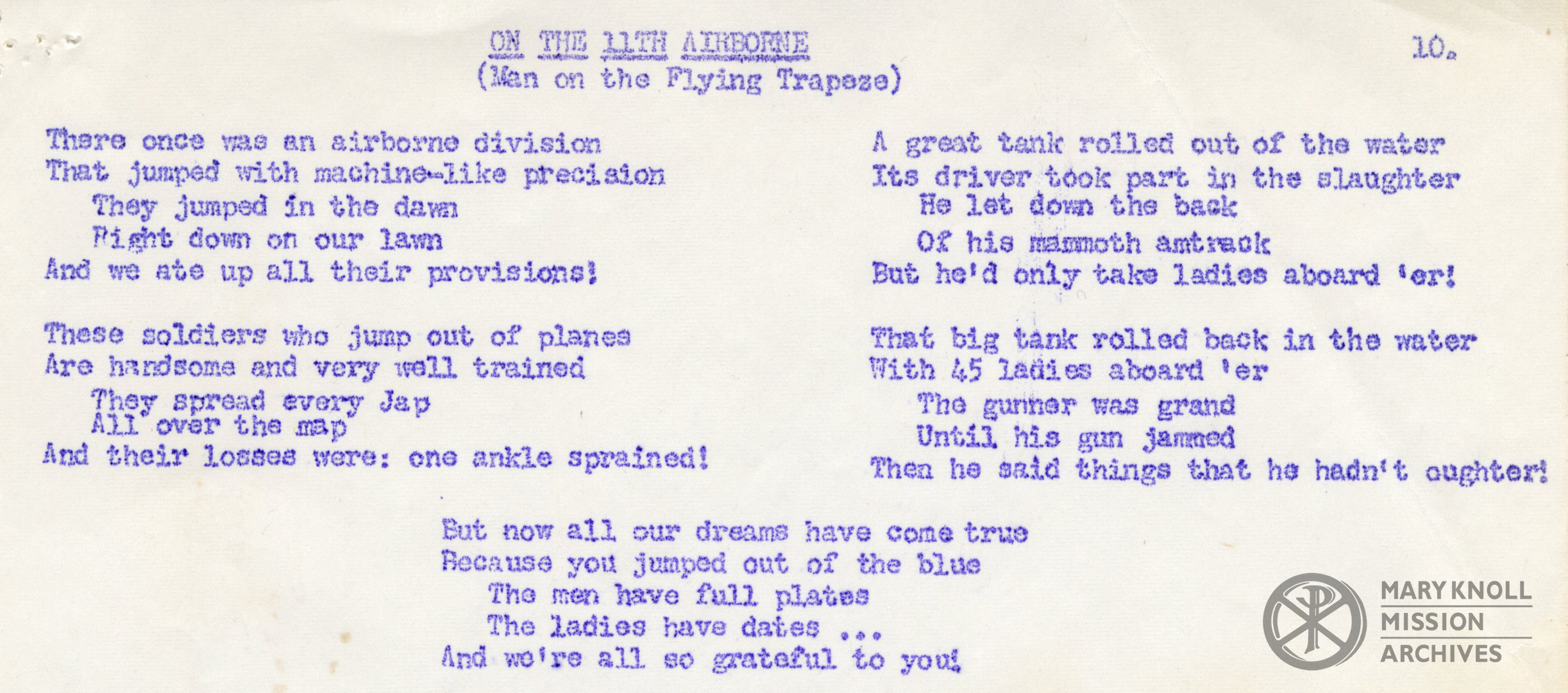 LosBanos_CampSongs-11thAirborne Lyrics for Eleventh Airborne Division