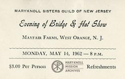 Ticket to an "Evening of Bridge and Hat Show" at Mayfair Farms, West Orange, NY, 1962