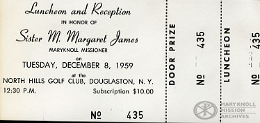 SrMargaretJamesReception_PrizeTicket_1959 Prize Ticket from the Reception and Luncheon for Sr. Margaret James on December 8, 1959.